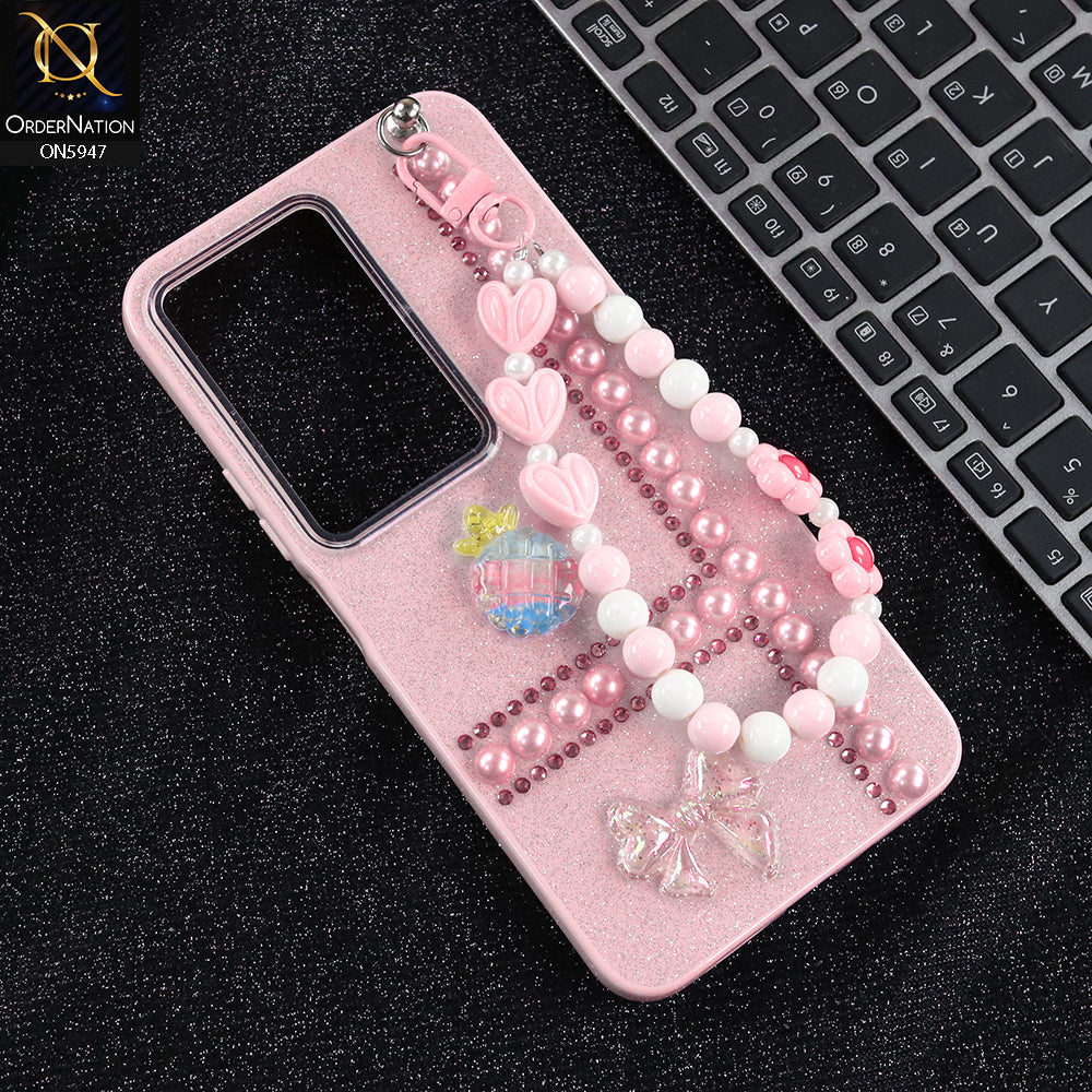 Xiaomi Redmi 15 4G Cover - Pink -  New Primp Shiny Glitter Case With Pearls And Rhinestones And Beeded Keychain