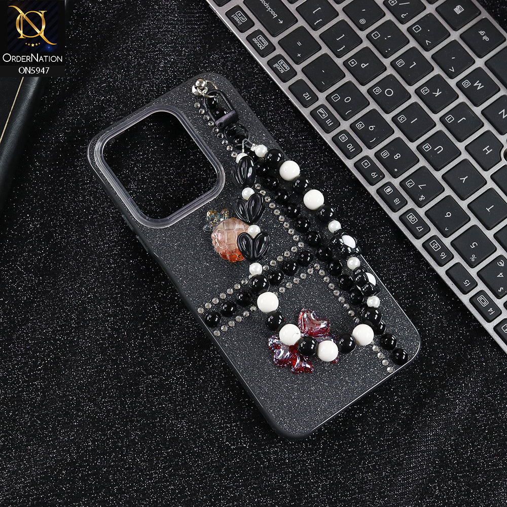 Xiaomi Poco C85 4G Cover - Black -  New Primp Shiny Glitter Case With Pearls And Rhinestones And Beeded Keychain