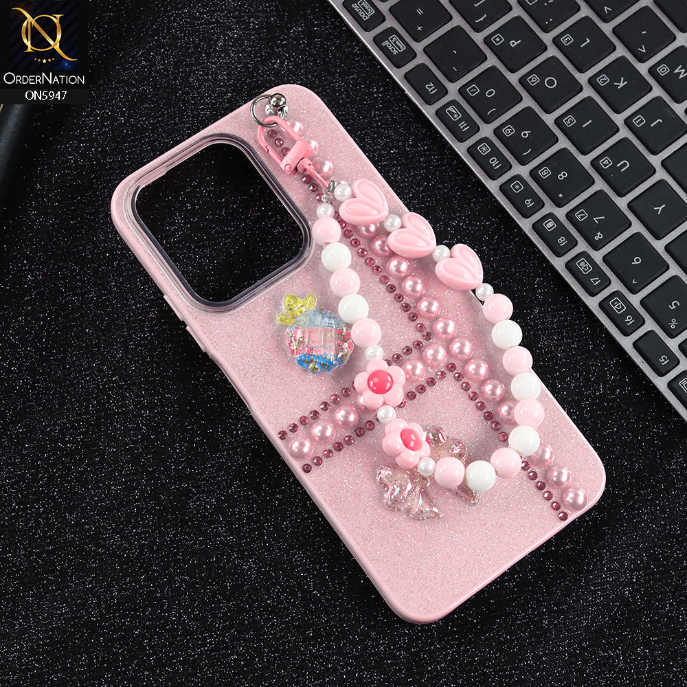 Xiaomi Poco C85 4G Cover - Pink -  New Primp Shiny Glitter Case With Pearls And Rhinestones And Beeded Keychain