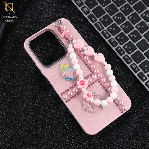 Xiaomi Poco C85 4G Cover - Pink -  New Primp Shiny Glitter Case With Pearls And Rhinestones And Beeded Keychain