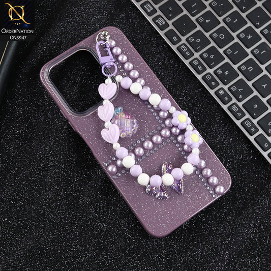 Xiaomi Poco C85 4G Cover - Purple -  New Primp Shiny Glitter Case With Pearls And Rhinestones And Beeded Keychain