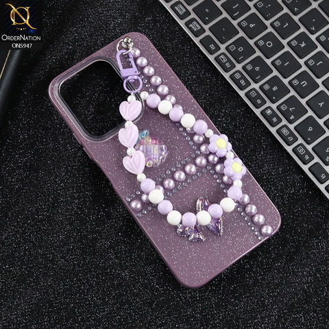 Xiaomi Poco C85 4G Cover - Purple -  New Primp Shiny Glitter Case With Pearls And Rhinestones And Beeded Keychain