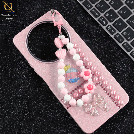 Xiaomi Redmi A3x Cover - Pink -  New Primp Shiny Glitter Case With Pearls And Rhinestones And Beeded Keychain
