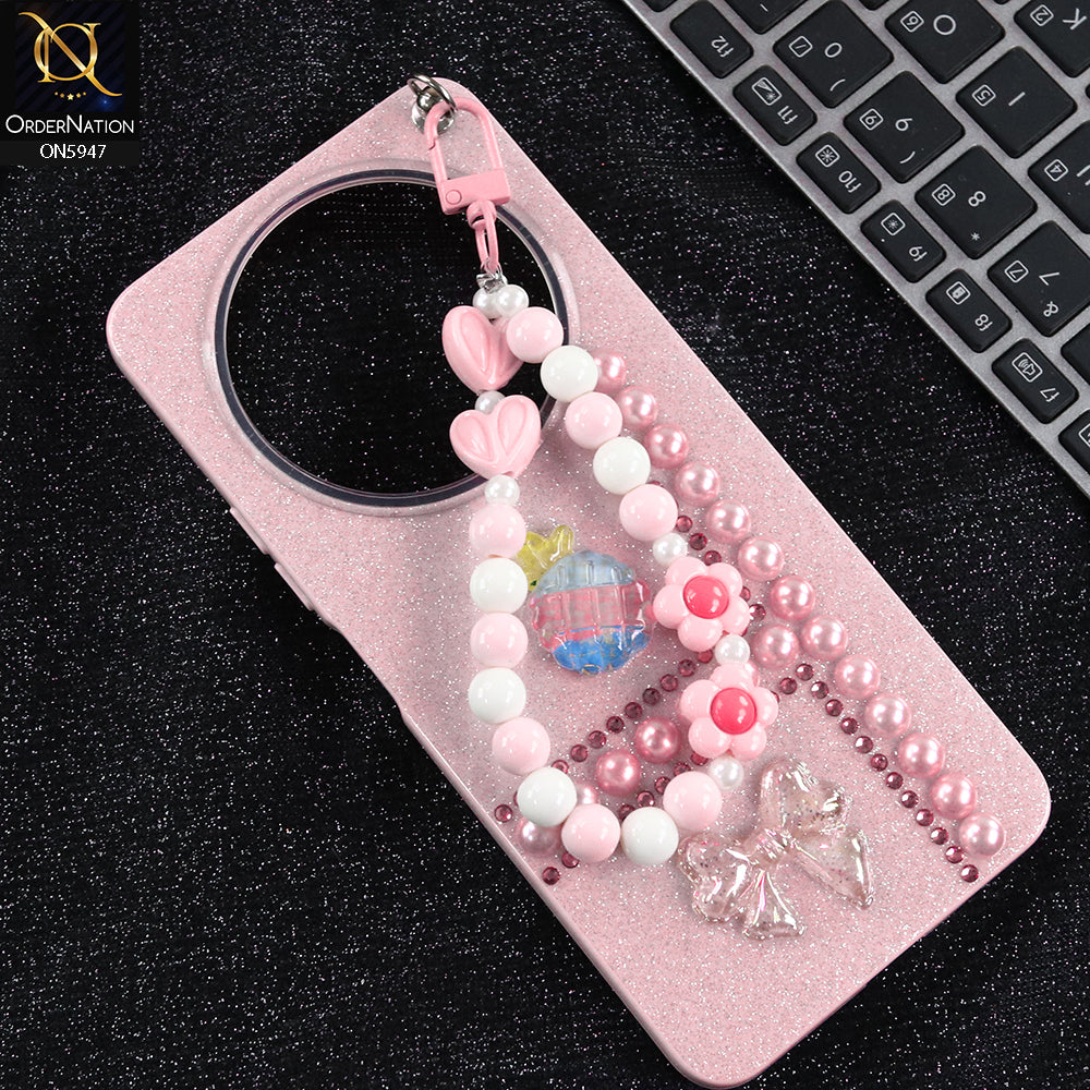Xiaomi Poco C61 Cover - Pink -  New Primp Shiny Glitter Case With Pearls And Rhinestones And Beeded Keychain