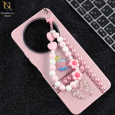 Xiaomi Redmi A3x Cover - Pink -  New Primp Shiny Glitter Case With Pearls And Rhinestones And Beeded Keychain