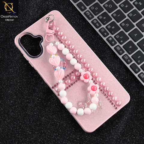 Samsung Galaxy F07 Cover - Pink -  New Primp Shiny Glitter Case With Pearls And Rhinestones And Beeded Keychain
