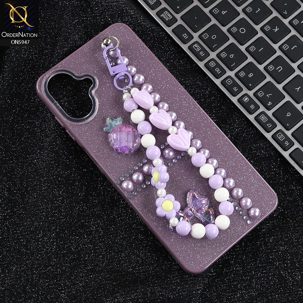 Samsung Galaxy F07 Cover - Purple -  New Primp Shiny Glitter Case With Pearls And Rhinestones And Beeded Keychain
