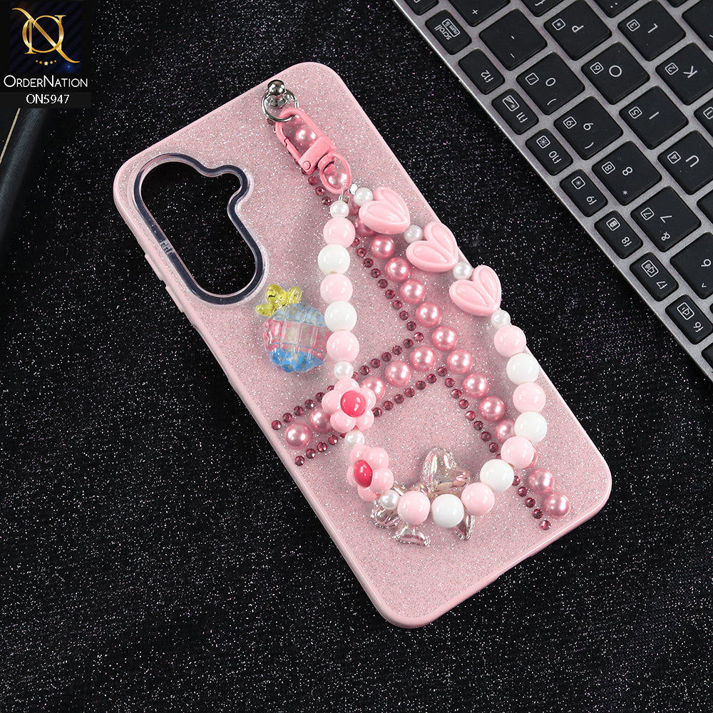Samsung Galaxy F17 Cover - Pink -  New Primp Shiny Glitter Case With Pearls And Rhinestones And Beeded Keychain