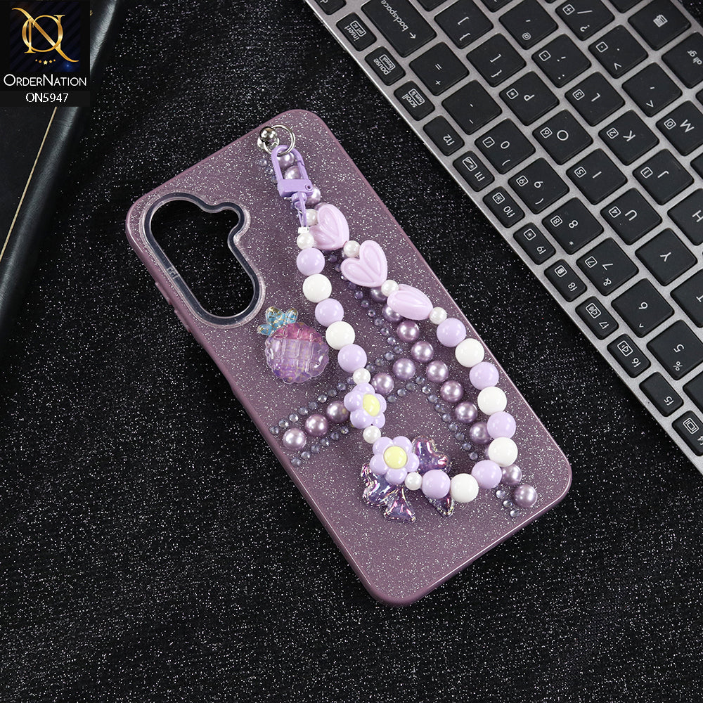 Samsung Galaxy F17 Cover - Purple -  New Primp Shiny Glitter Case With Pearls And Rhinestones And Beeded Keychain