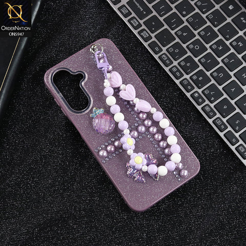 Samsung Galaxy F17 Cover - Purple -  New Primp Shiny Glitter Case With Pearls And Rhinestones And Beeded Keychain