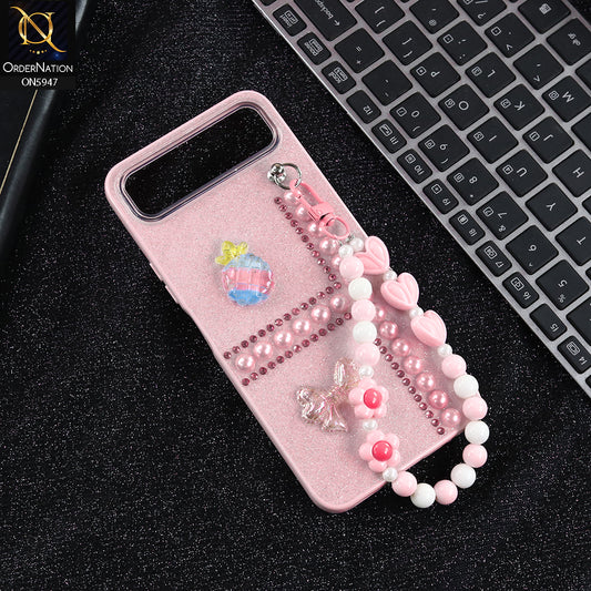 Infinix Smart 10 Plus Cover - Pink -  New Primp Shiny Glitter Case With Pearls And Rhinestones And Beeded Keychain