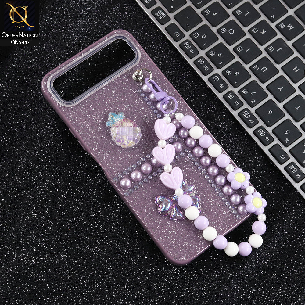 Infinix Smart 10 Plus Cover - Purple -  New Primp Shiny Glitter Case With Pearls And Rhinestones And Beeded Keychain