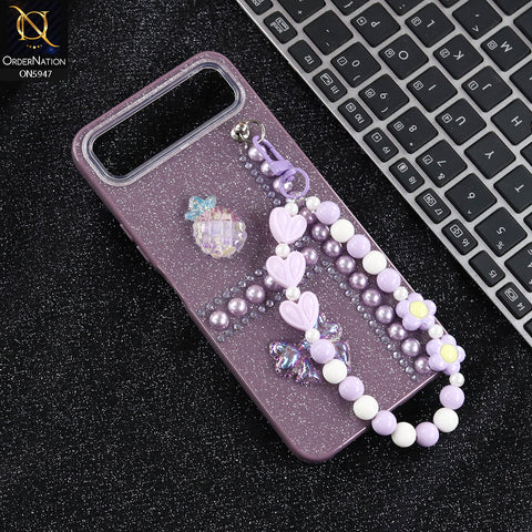 Infinix Smart 10 Plus Cover - Purple -  New Primp Shiny Glitter Case With Pearls And Rhinestones And Beeded Keychain