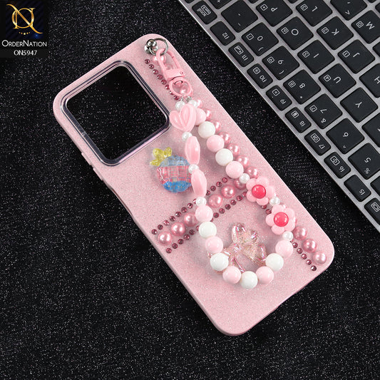 Infinix Smart 9 Cover - Pink -  New Primp Shiny Glitter Case With Pearls And Rhinestones And Beeded Keychain