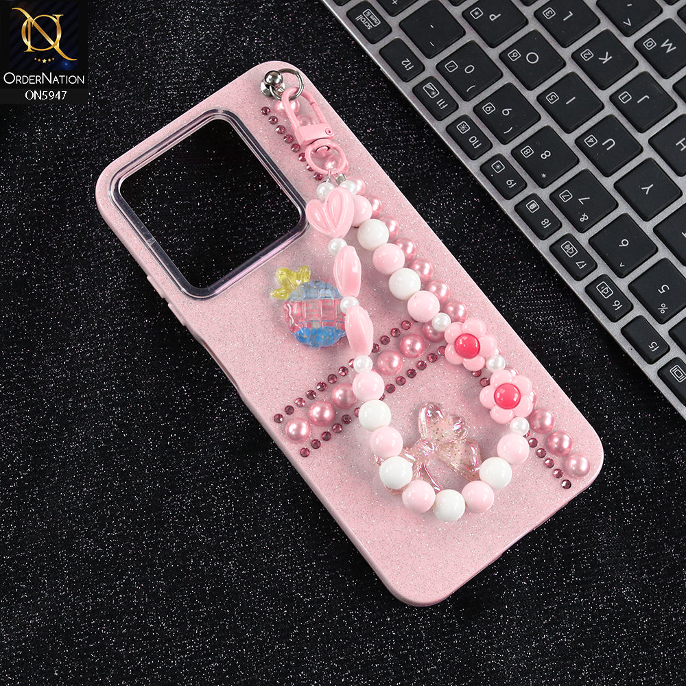 Infinix Smart 9 HD Cover - Pink -  New Primp Shiny Glitter Case With Pearls And Rhinestones And Beeded Keychain