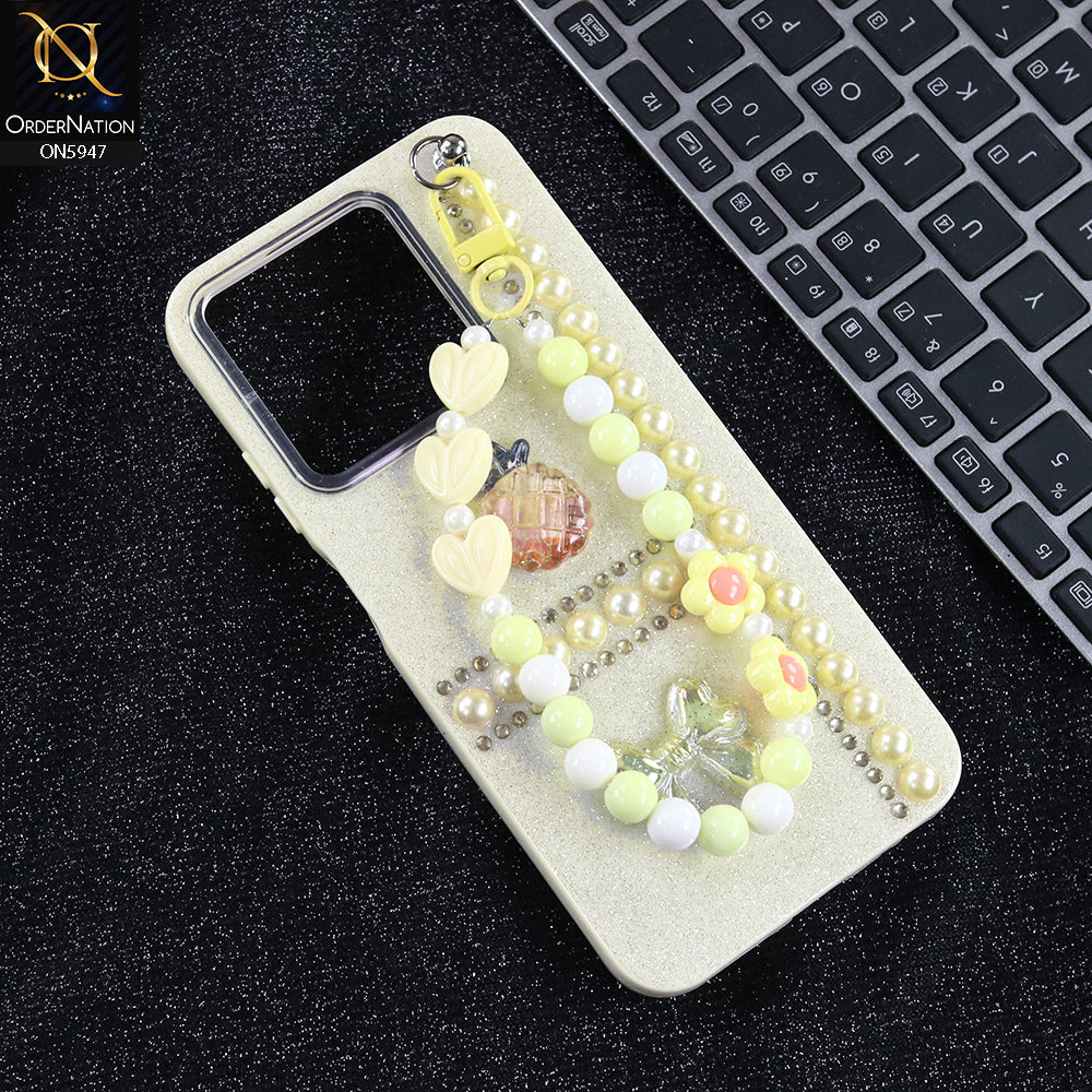 Infinix Smart 9 Cover - Yellow -  New Primp Shiny Glitter Case With Pearls And Rhinestones And Beeded Keychain