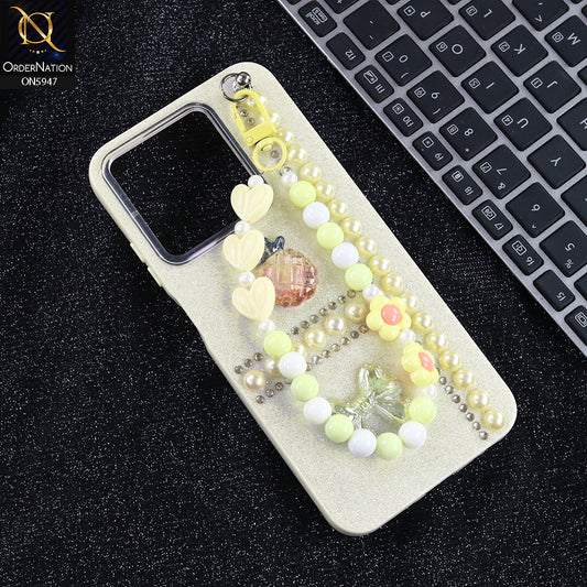 Infinix Hot 50i Cover - Yellow -  New Primp Shiny Glitter Case With Pearls And Rhinestones And Beeded Keychain