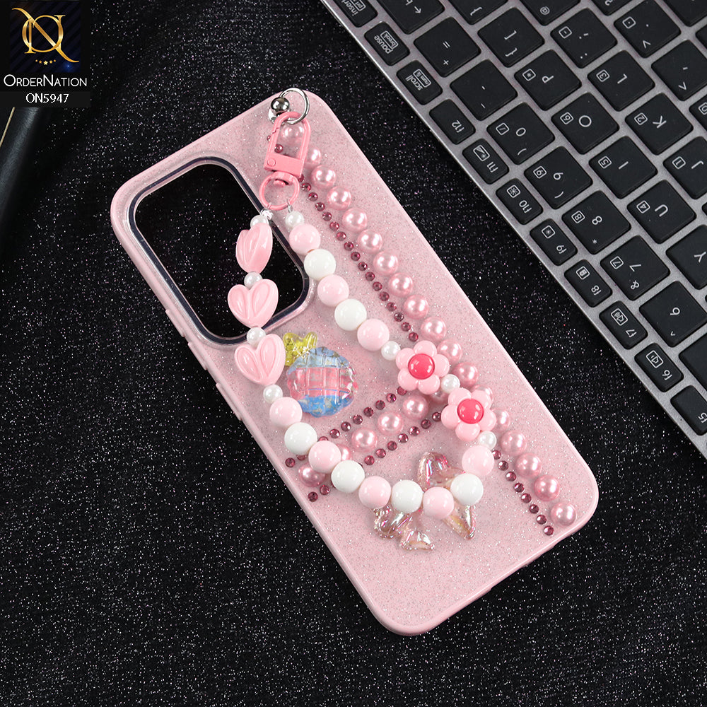 Tecno Spark 40 Pro Cover - Pink -  New Primp Shiny Glitter Case With Pearls And Rhinestones And Beeded Keychain