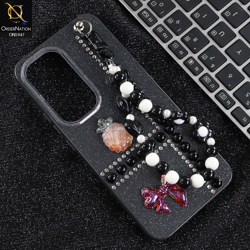 Infinix Hot 60 Pro Cover - Black -  New Primp Shiny Glitter Case With Pearls And Rhinestones And Beeded Keychain