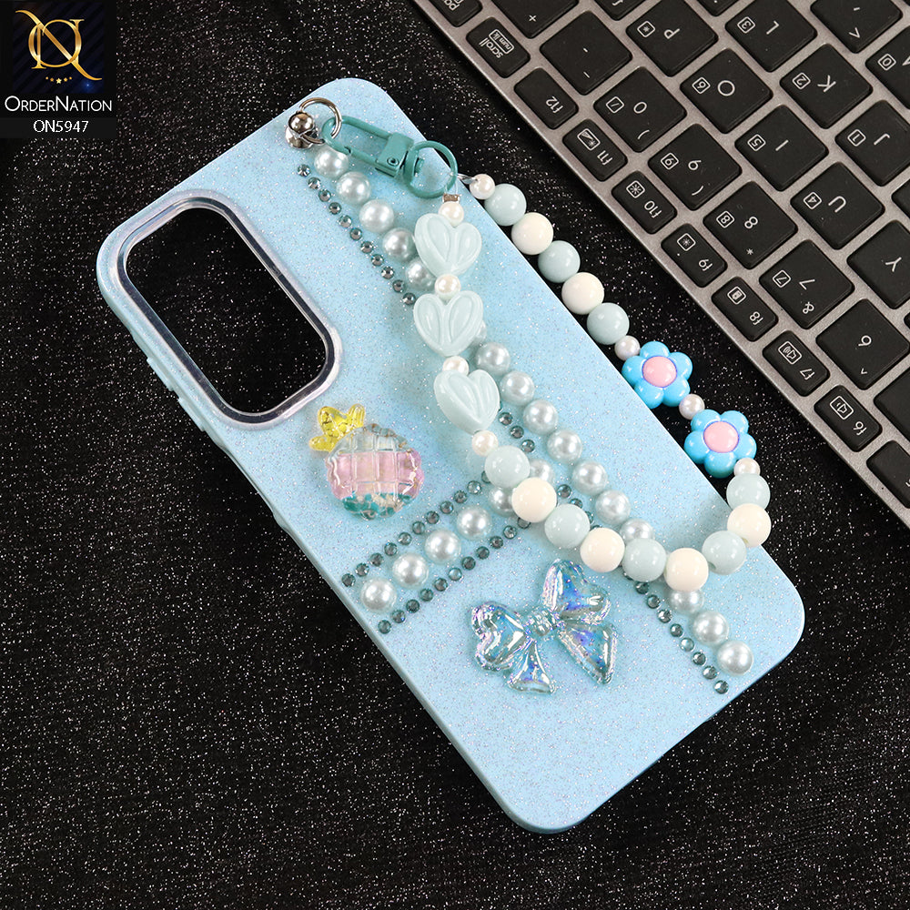 Samsung Galaxy A16 Cover - Blue -  New Primp Shiny Glitter Case With Pearls And Rhinestones And Beeded Keychain