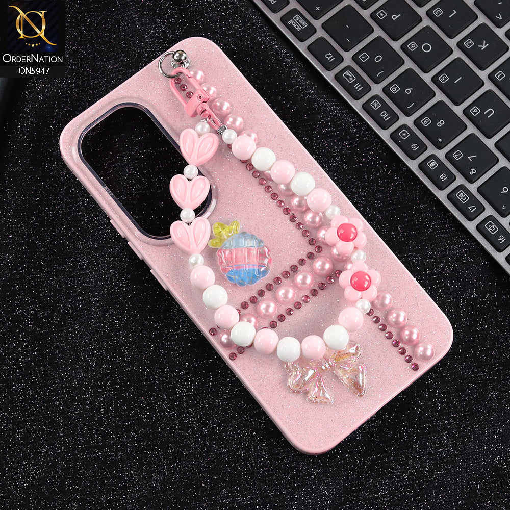 Infinix Hot 60 Pro Cover - Pink -  New Primp Shiny Glitter Case With Pearls And Rhinestones And Beeded Keychain