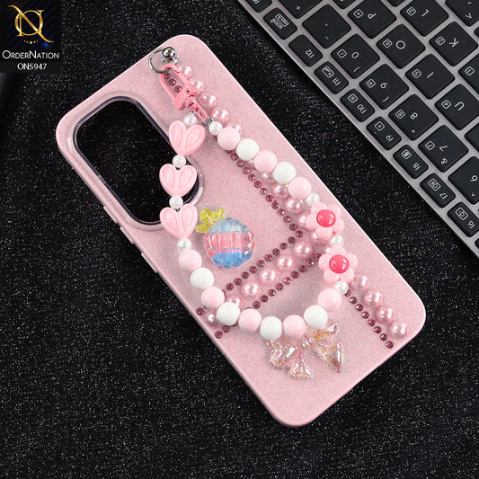 Infinix Hot 60i 4G Cover - Pink -  New Primp Shiny Glitter Case With Pearls And Rhinestones And Beeded Keychain