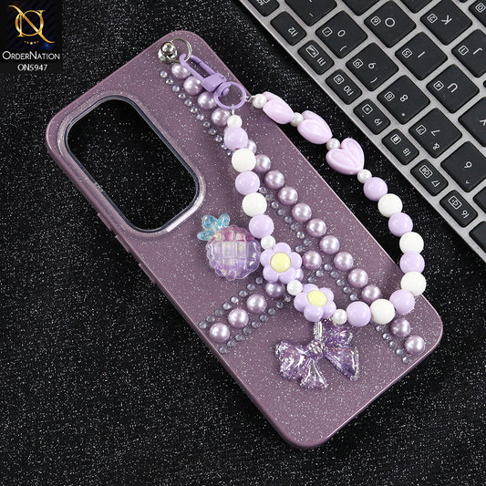 Infinix Hot 60i 4G Cover - Purple -  New Primp Shiny Glitter Case With Pearls And Rhinestones And Beeded Keychain