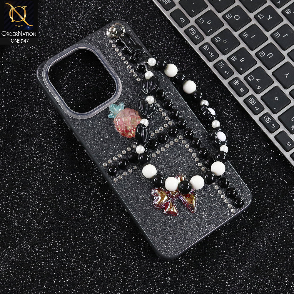 Vivo V60 Lite 4G Cover - Black -  New Primp Shiny Glitter Case With Pearls And Rhinestones And Beeded Keychain