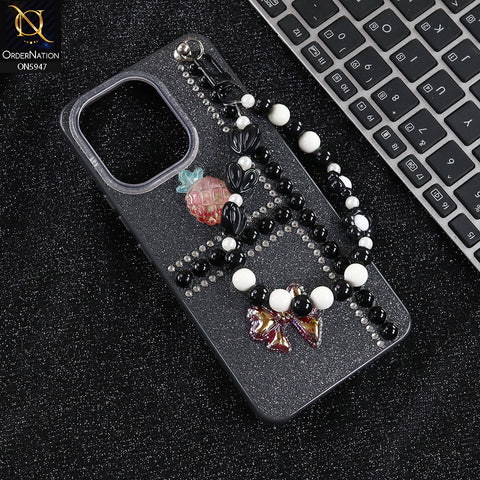 Vivo V60 Lite 4G Cover - Black -  New Primp Shiny Glitter Case With Pearls And Rhinestones And Beeded Keychain