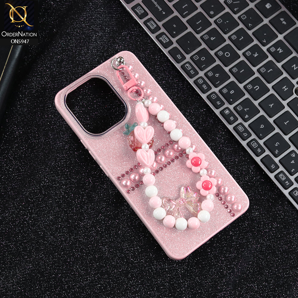 Vivo V60 Lite 5G Cover - Pink -  New Primp Shiny Glitter Case With Pearls And Rhinestones And Beeded Keychain