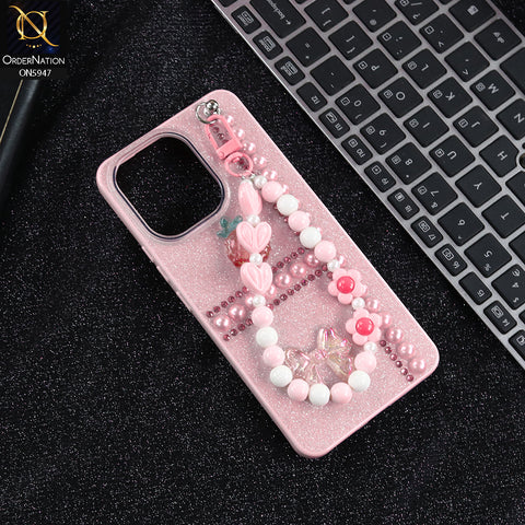 Vivo V60 Lite 5G Cover - Pink -  New Primp Shiny Glitter Case With Pearls And Rhinestones And Beeded Keychain
