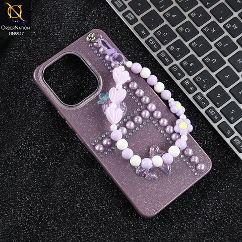Oppo A6 Pro 5G Cover - Purple -  New Primp Shiny Glitter Case With Pearls And Rhinestones And Beeded Keychain
