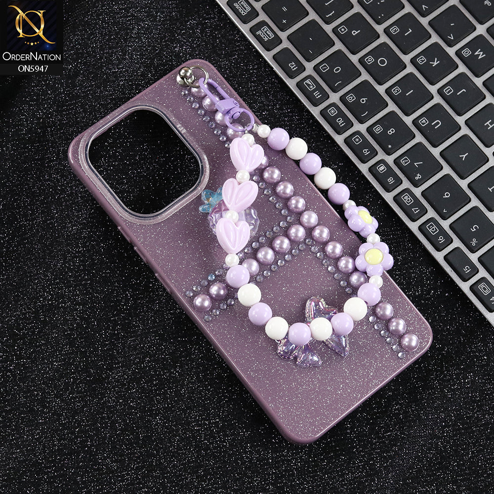 Vivo V60 Lite 4G Cover - Purple -  New Primp Shiny Glitter Case With Pearls And Rhinestones And Beeded Keychain