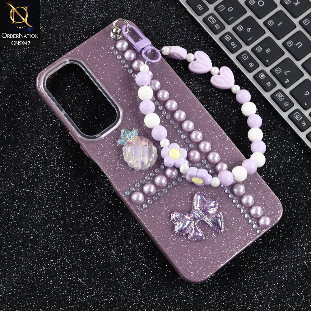 Vivo Y28 5G Cover - Purple -  New Primp Shiny Glitter Case With Pearls And Rhinestones And Beeded Keychain