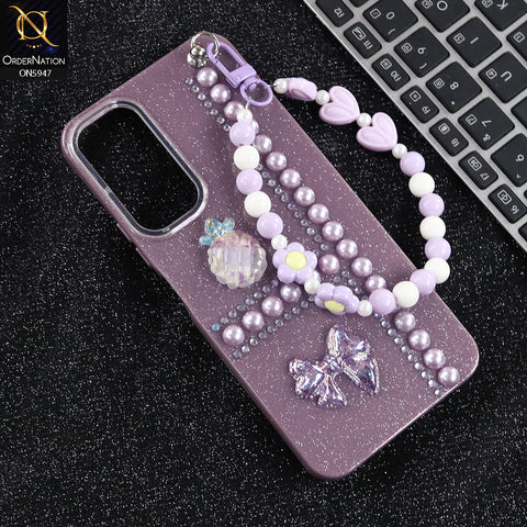 Vivo Y28 5G Cover - Purple -  New Primp Shiny Glitter Case With Pearls And Rhinestones And Beeded Keychain