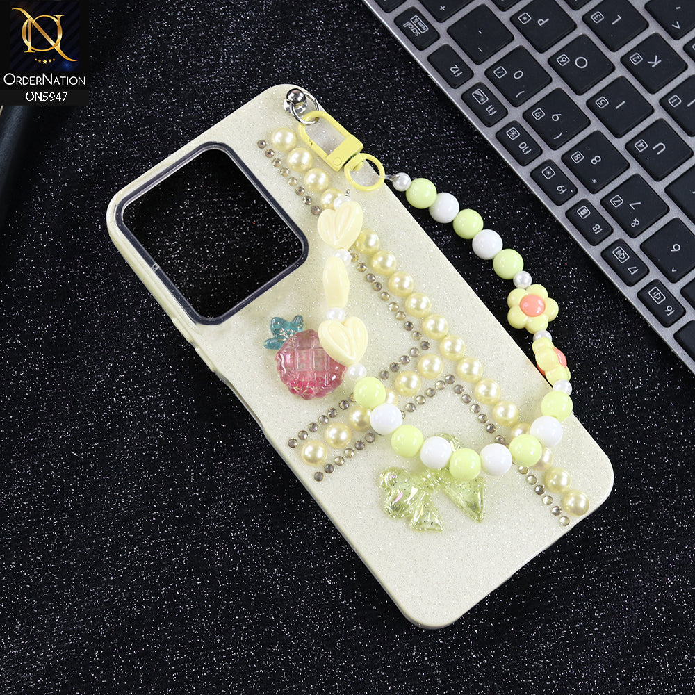 Xiaomi Redmi 13C Cover - Yellow -  New Primp Shiny Glitter Case With Pearls And Rhinestones And Beeded Keychain