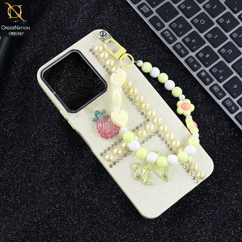Xiaomi Redmi 13C Cover - Yellow -  New Primp Shiny Glitter Case With Pearls And Rhinestones And Beeded Keychain