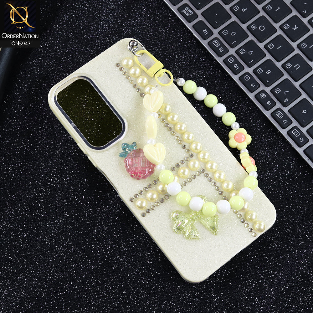 Vivo Y28 5G Cover - Yellow -  New Primp Shiny Glitter Case With Pearls And Rhinestones And Beeded Keychain