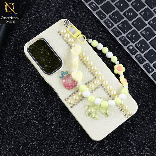 Vivo Y28 5G Cover - Yellow -  New Primp Shiny Glitter Case With Pearls And Rhinestones And Beeded Keychain