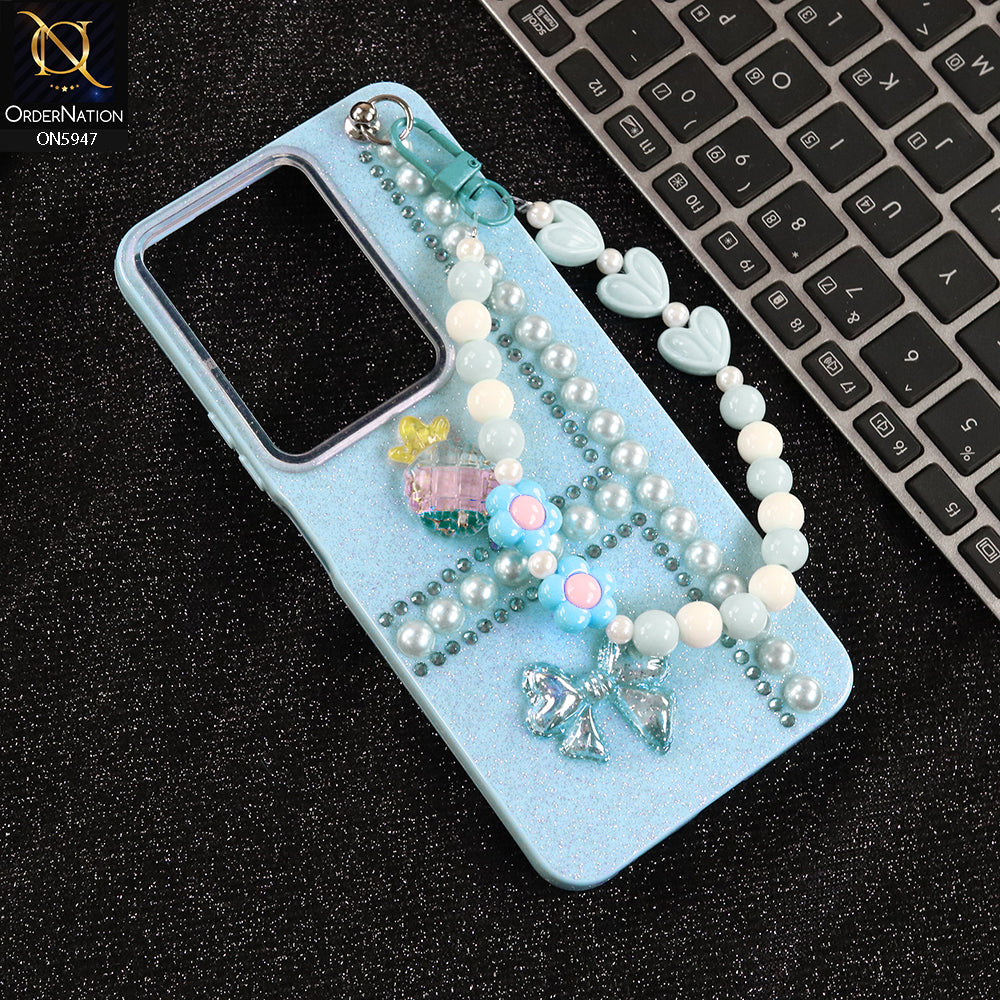 Vivo Y29 4G Cover - Blue -  New Primp Shiny Glitter Case With Pearls And Rhinestones And Beeded Keychain