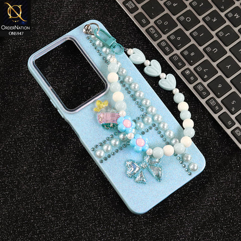 Vivo Y29 4G Cover - Blue -  New Primp Shiny Glitter Case With Pearls And Rhinestones And Beeded Keychain