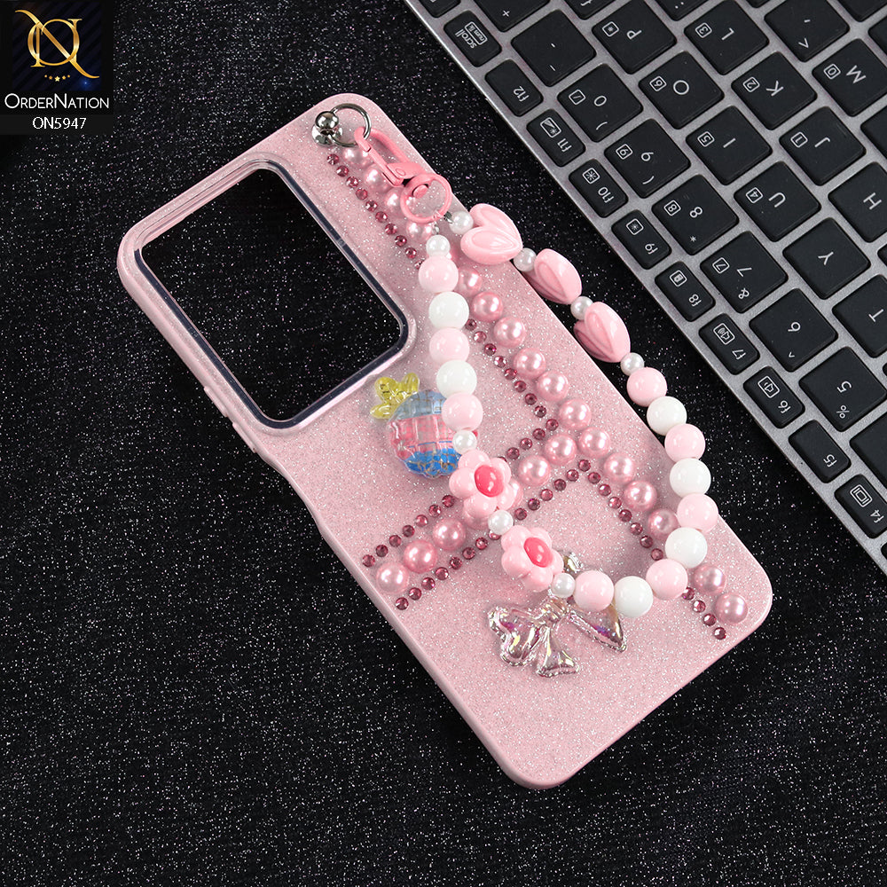 Vivo Y29 4G Cover - Pink -  New Primp Shiny Glitter Case With Pearls And Rhinestones And Beeded Keychain