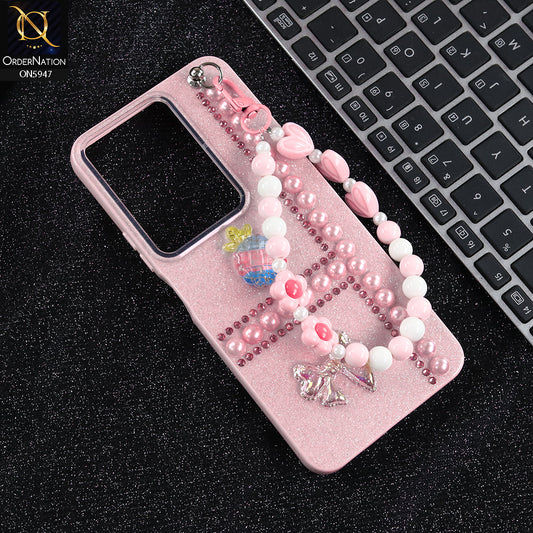 Vivo Y29 4G Cover - Pink -  New Primp Shiny Glitter Case With Pearls And Rhinestones And Beeded Keychain
