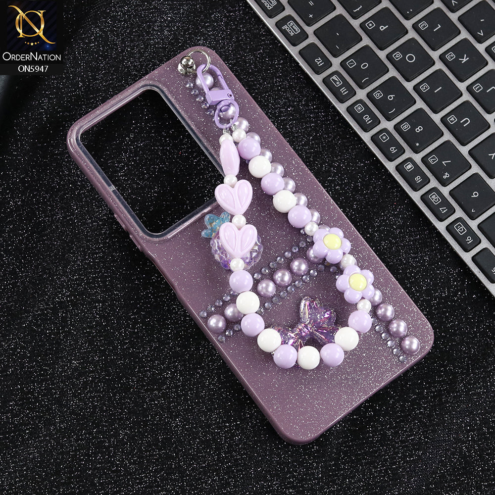 Vivo Y300t / Vivo T4x Cover - Purple -  New Primp Shiny Glitter Case With Pearls And Rhinestones And Beeded Keychain