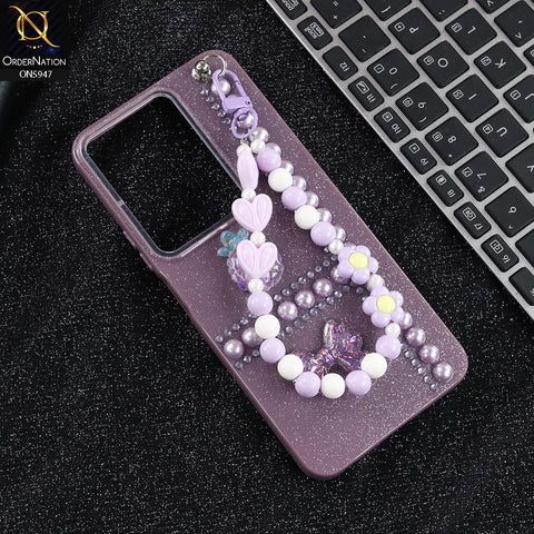Vivo Y300t / Vivo T4x Cover - Purple -  New Primp Shiny Glitter Case With Pearls And Rhinestones And Beeded Keychain
