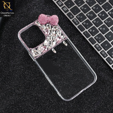 iPhone 15 Pro Max Cover - Pink - Glamorize 3D RhineStones And Bow Clear Case