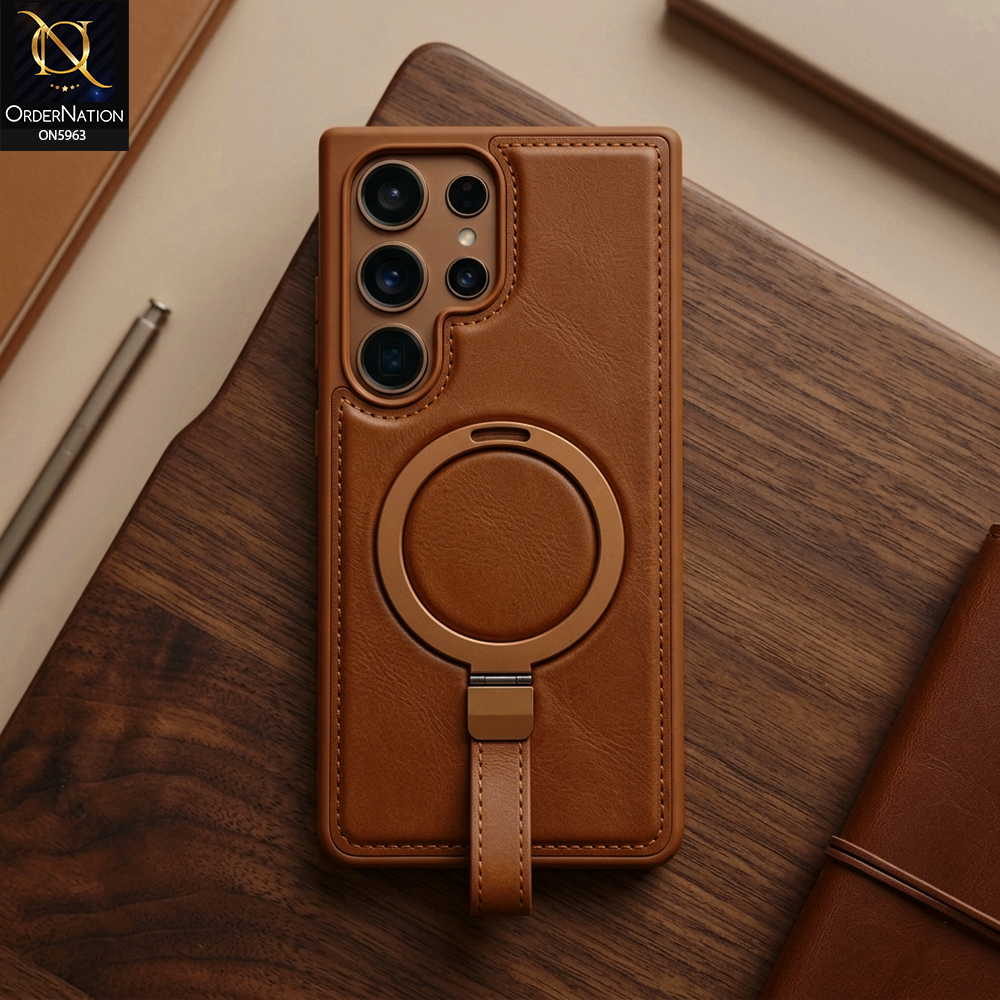 Samsung Galaxy S26 Ultra - Brown - Premium Textured Leather Cover with Metallic Camera Protection & Stand