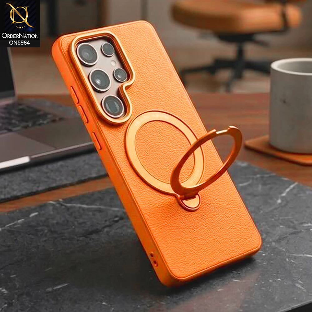 Samsung Galaxy S26 Ultra - Orange - New Premium Leather Bracket Holder Magsafe Kickstand Case