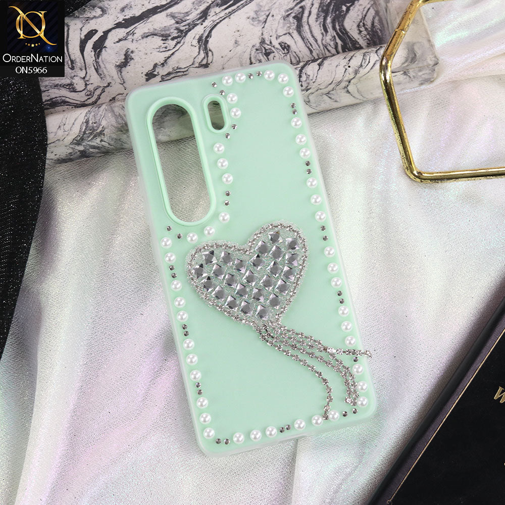 Tecno Camon 40 Cover - Sea green -  Stuninng Pearls And Heart Shaped RhineStones Hard Case With Double Protective Layers