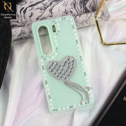 Tecno Camon 40 Cover - Sea green -  Stuninng Pearls And Heart Shaped RhineStones Hard Case With Double Protective Layers